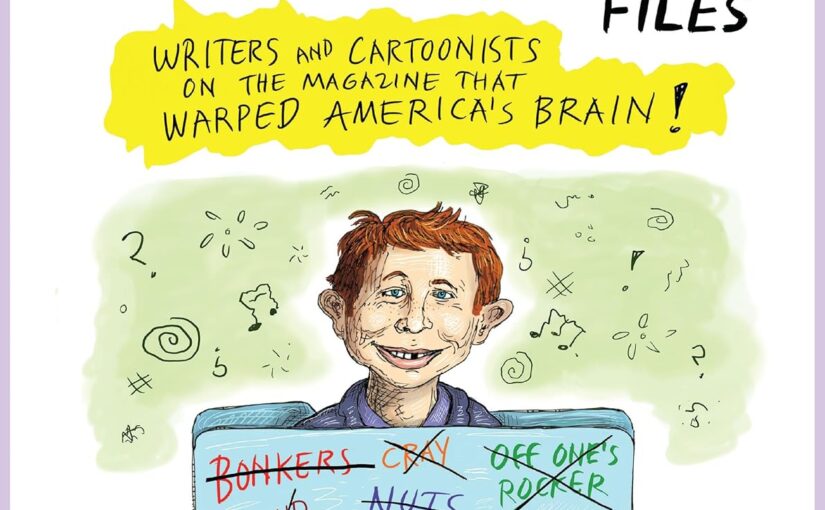 A book cover design featuring a cartoon-style image of a red haired white person reading a magazine
