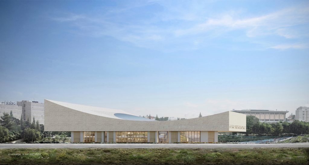 An artist's rendering of a low, white, curving building under a blue sky