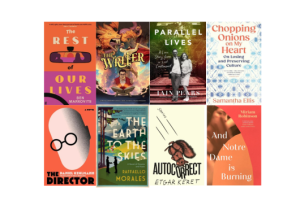 Eight colourful book covers placed together in a landscape collage