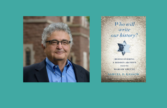 A headshot of Samuel Bassow next to a cover image of his book Who Will Write our History?
