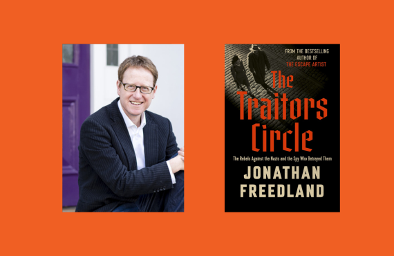 A headshot of a white man wearing a suit, next to an image of a book cover with the title The Traitors Circle
