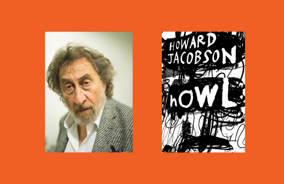 A portrait photograph of a man looking at the camera and a black and white book cover titled 'Howard Jacobson: Howl'