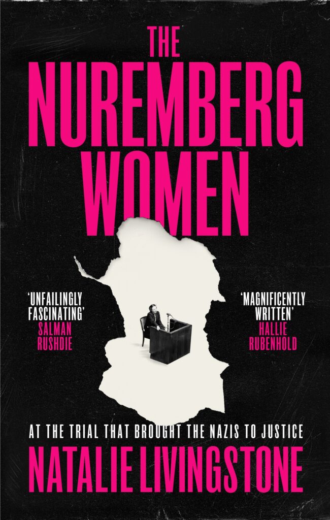 A blak book cover, with bright pink text reading The Nuremberg Women