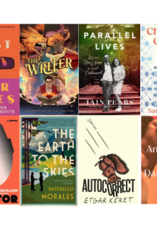 Eight colourful book covers placed together in a landscape collage